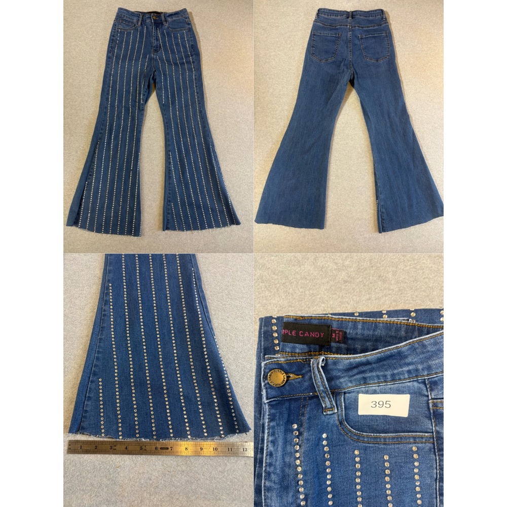 Purple Candy Rhinestone Studded Flare Jeans Medium Wash Blue Denim Women Size M